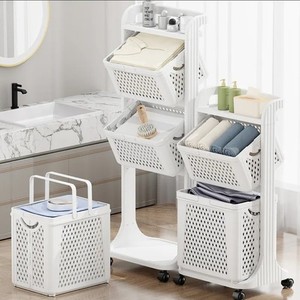 Wheeled Plastic Laundry Cart Hamper w/ Tilt-Out Removable Baskets White/Blue