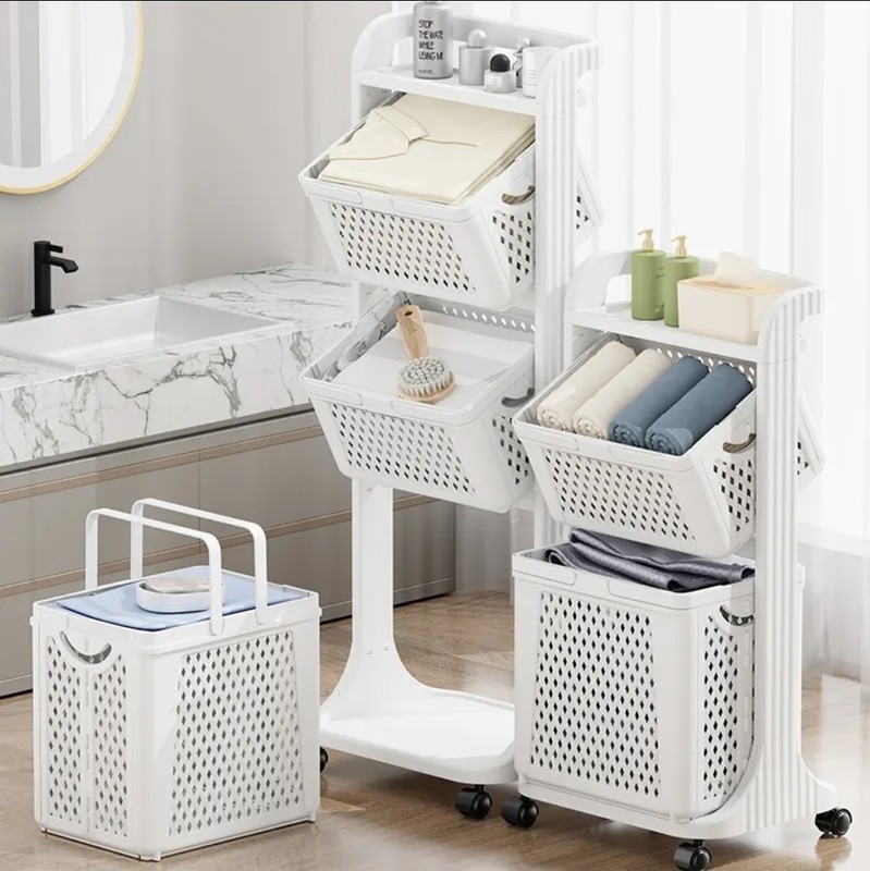 Wheeled Plastic Laundry Cart Hamper w/ Tilt-Out Removable Baskets White/Blue