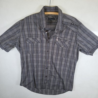 7 Diamonds Short Sleeve Button-Up Shirt Grey Pattern- Men's XXL Fits L - Photos!