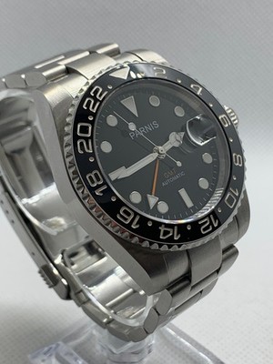 Men's Parnis GMT Automatic Wristwatch Stainless Steel Black Dial Date Dual Time