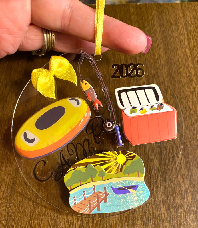 Acrylic CAMP Lake Fishing Cooler Christmas Ornament 4"