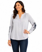 Simply Vera Vera Wang PS Gray Blouse Black Floral Embroidered Long Sleeve Tunic