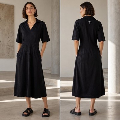 Plan C Black Cotton Midi Dress IT 40 US 4 Collared Short Sleeve Made in Italy