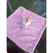 HB Pink Unicorn Security Blanket Lovey Gold Horn Star Pattern 14x14 Style 58239