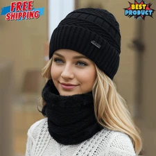 Winter Knitted Hat & Neck Warmer Set Solid Color Thermal Lined for Women & Men