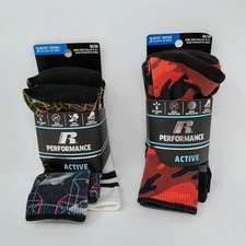 RUSSELL PERFORMANCE Active 3 Boys Crews Socks M/M Shoe Size 9-2 1/2 MED Lot of 2