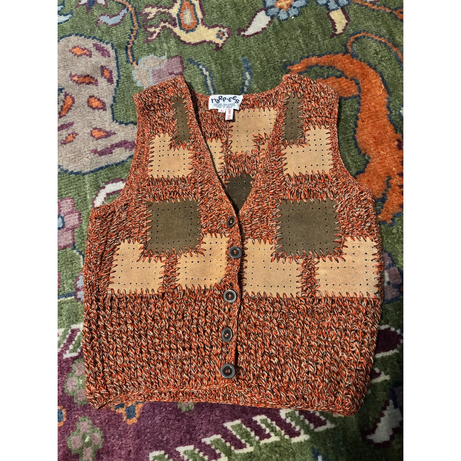 Vintage Harpees 70s leather patchwork button up v… - image 11