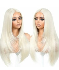 Platinum Blonde Wig - HD Front Lace Human Hair Blend Silver White Straight Silk