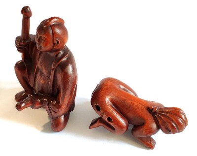 1 Pair Hand Carved Boxwood Netsuke Japanes Couple Having Fun Man