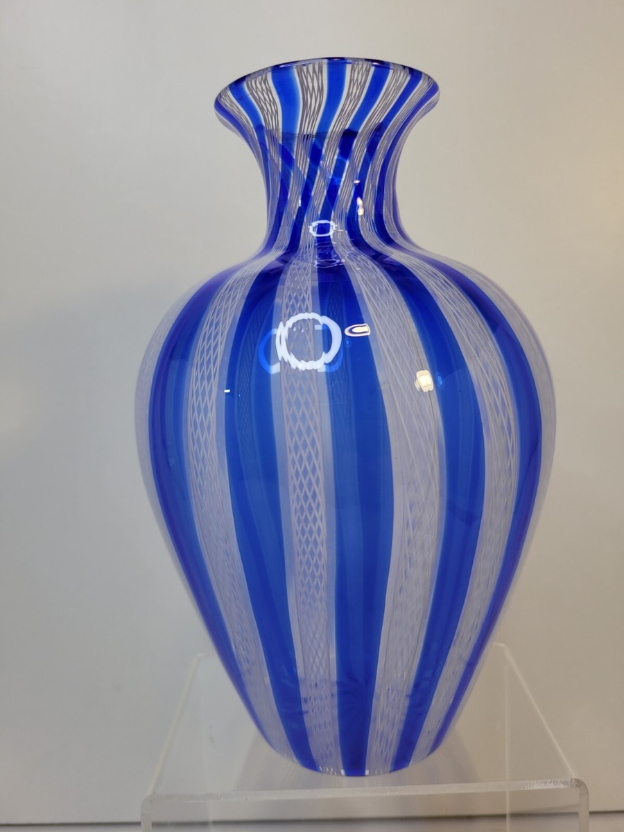 MURANO ムラノ 水色 ホワイト レース 大皿 ボール 鉢 ヴェネチアン Murano Latticino Blue and White Vase 7 3/4