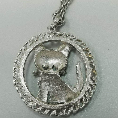 Collana Vintage Gatto con Occhi di Strass Verdi Ciondolo Tono Argento 22 Pollici - Foto 4 di 10