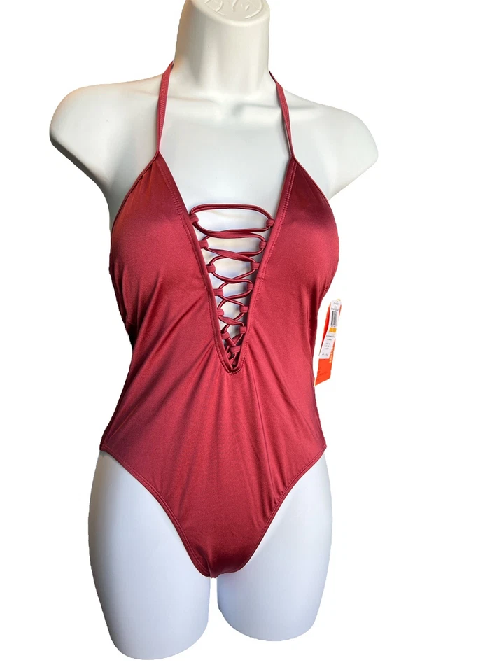 Small GB Gianni Bini Fan Favorites Bathing Suit Cabernet One Piece MSRP $101 - Image 1 of 4