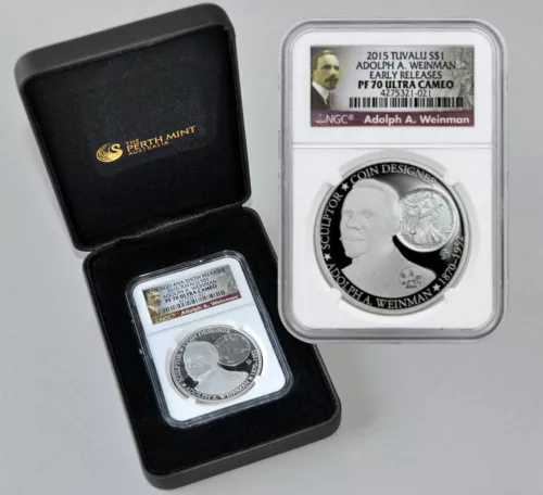 TUVALU $1 2015 1oz Silver Designer of American Coins - Adolph A.Weinman NGC PF70