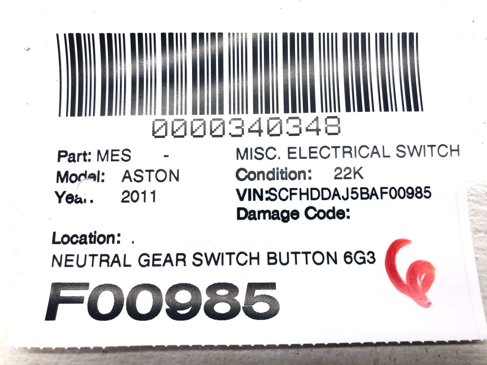 2010-2020 ASTON MARTIN RAPIDE NEUTRAL GEAR SWITCH BUTTON 6G33-7A247-AA OEM