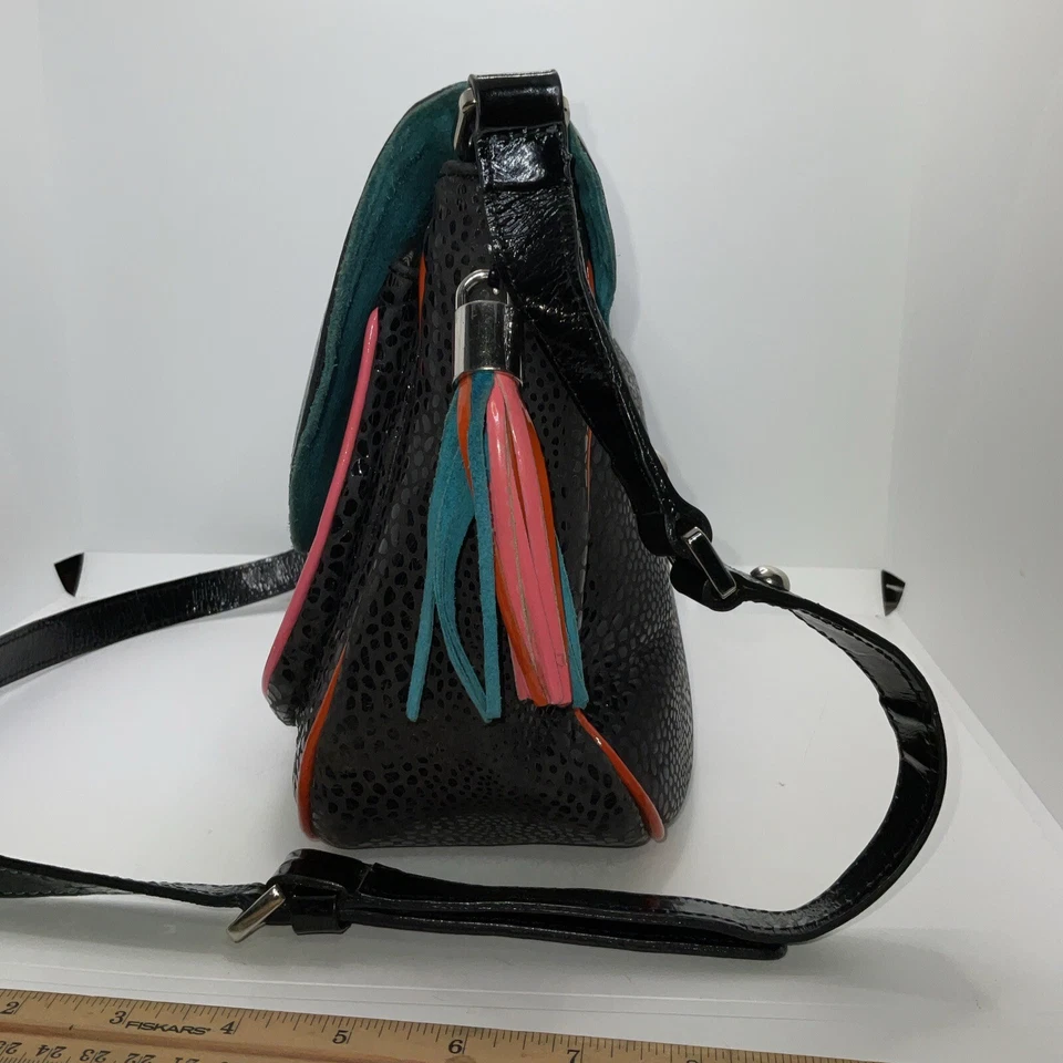 Jackie Smith Black Leather Purse Orange Pink Blue Accents - Image 3 of 4