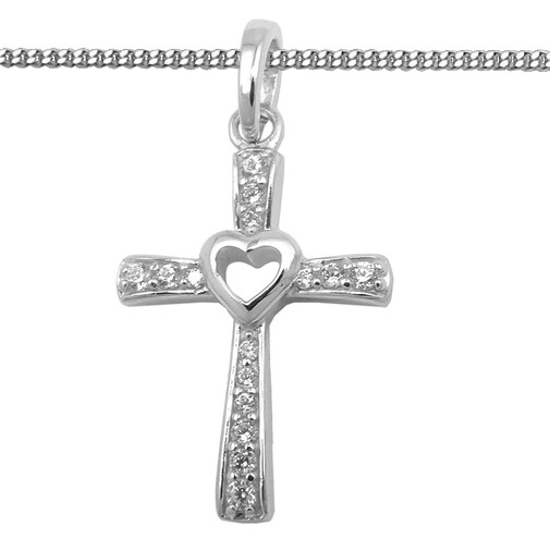 Kreuz AnhäNger Zirkonia Steine Mit Herz Taufe Kommunion Kette Echt Silber 925-image