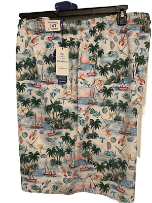Caribbean Swimwear Big Man Swim Palms Trees Ocean Print 3XT 8 Inseam White
