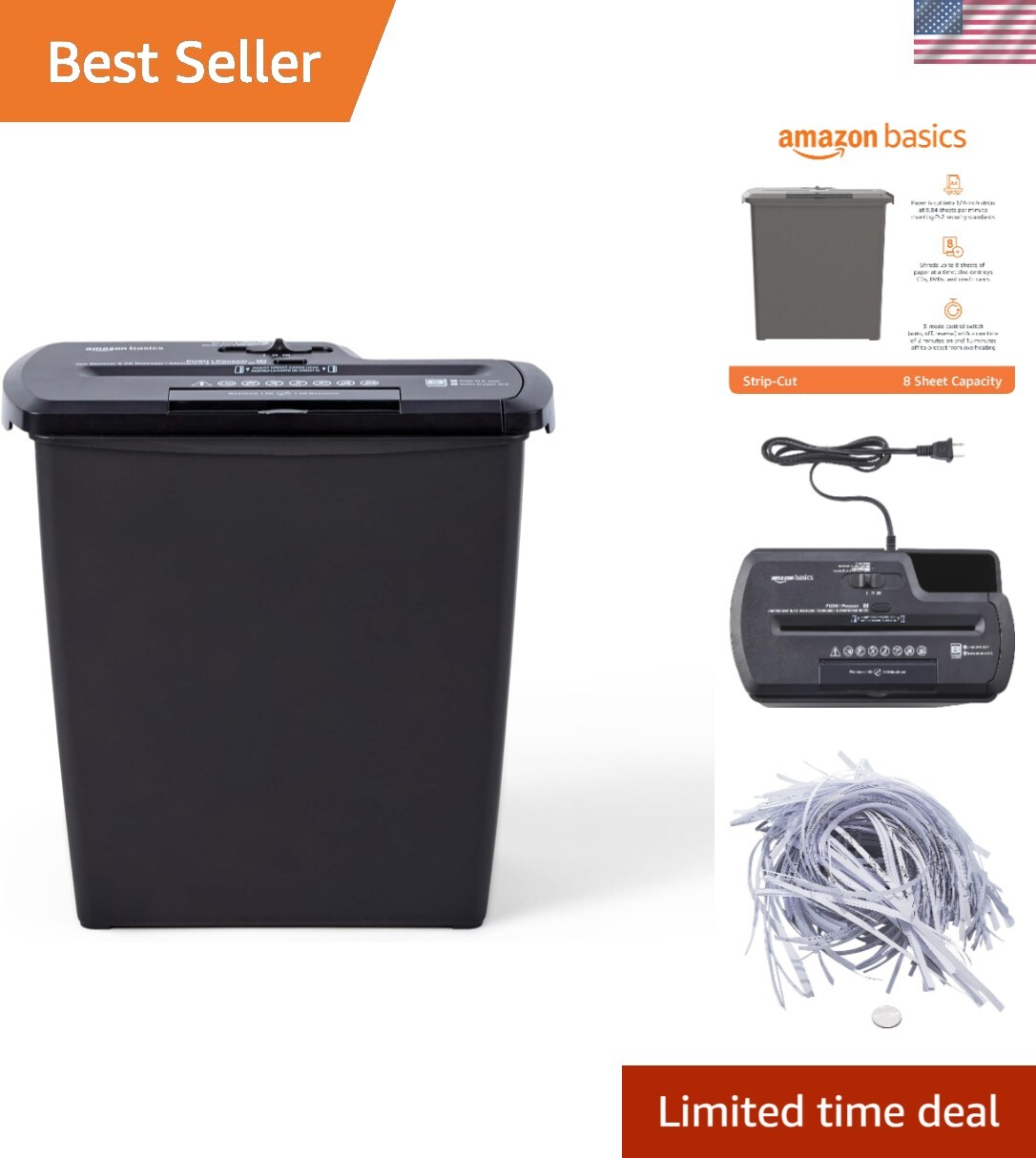 Versatile Paper, CD, and Credit Card Shredder - 8-Sheet Strip Cut Black Design-image