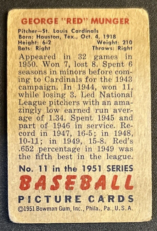 1951 Bowman George “Red” Munger Baseball Card #11 Cardinals Pitcher Poor - Image 2 of 2