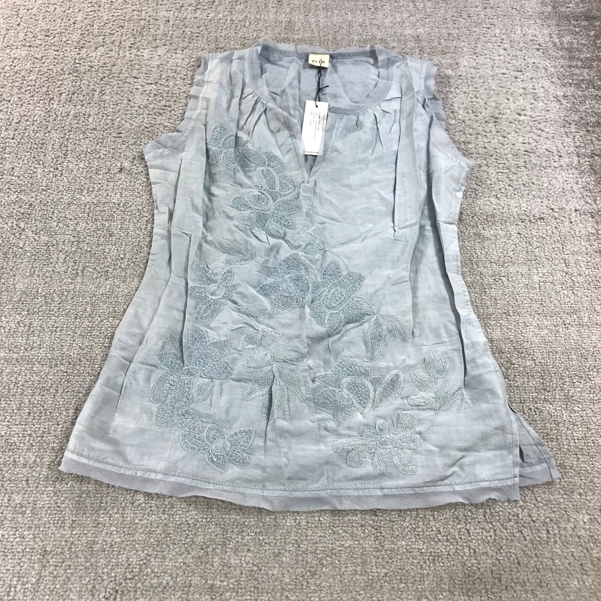 Ecru Shirt Womens Medium Blue Embroidered Tank Top V Neck Casual Ladies