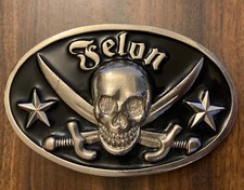 VINTAGE 03 NEW (NOS) FELON CLOTHING SKULL SWORDS PUNK BELT BUCKLE MADE IN USA!