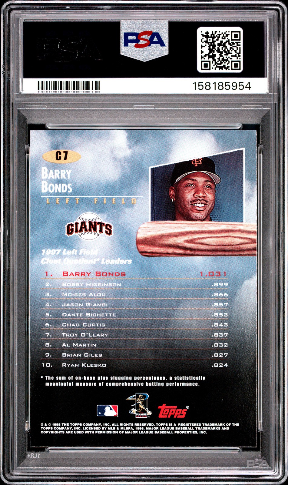 1998 Topps Clout 9 #C7 Barry Bonds PSA 9 view 2
