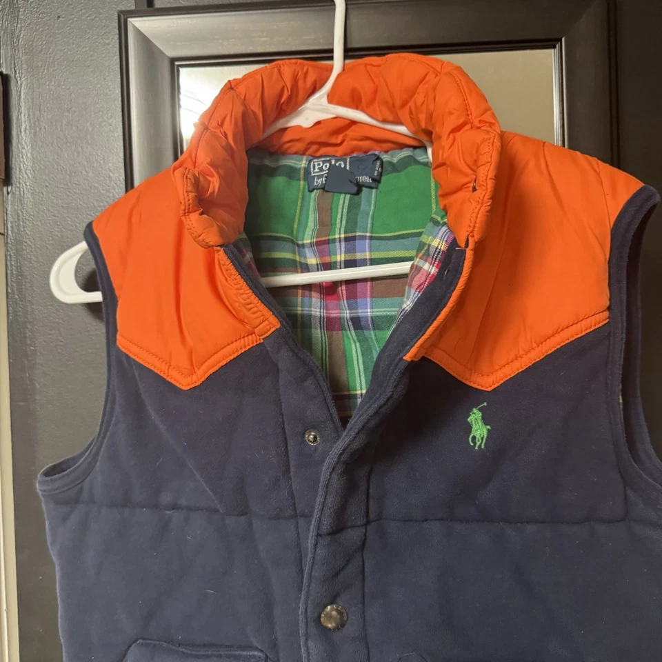 De Colección Polo Ralph Lauren Para Hombres Azul Naranja Forrado a Cuadros Chaleco Abombado Grande - Leer Foto 3 de 4
