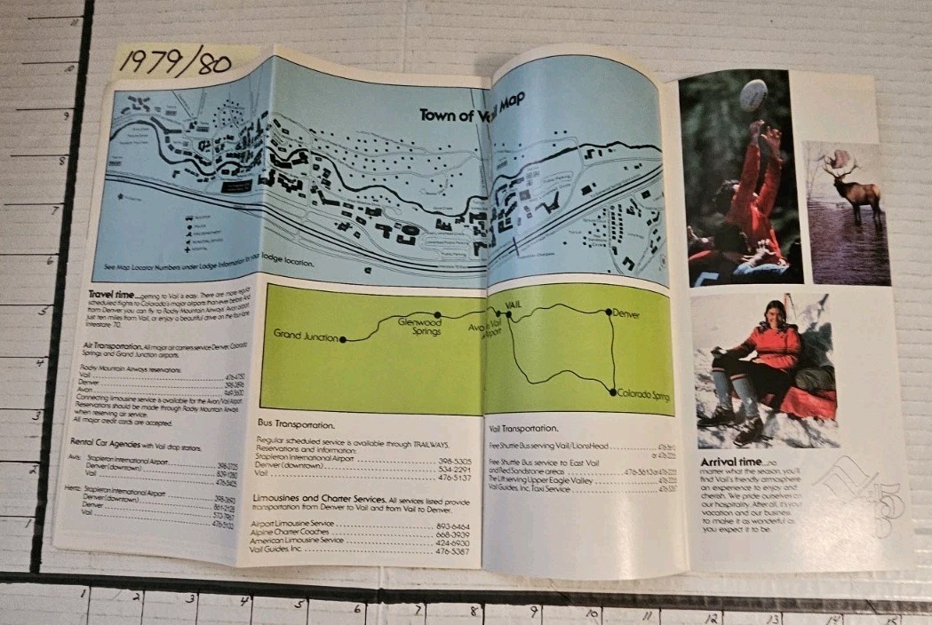 1979/80  VAIL SKI RESORT 16P BROCHURE W/TRAIL MAP INSIDE.  MINT
