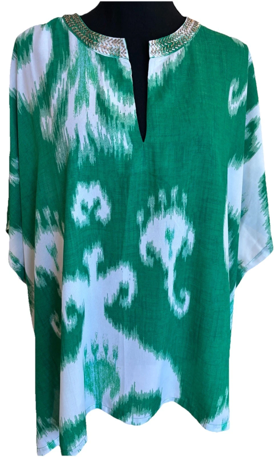 Chico's Small Medium Green Embellished Coverup Beaded Beach Lounge Kaftan Poncho
