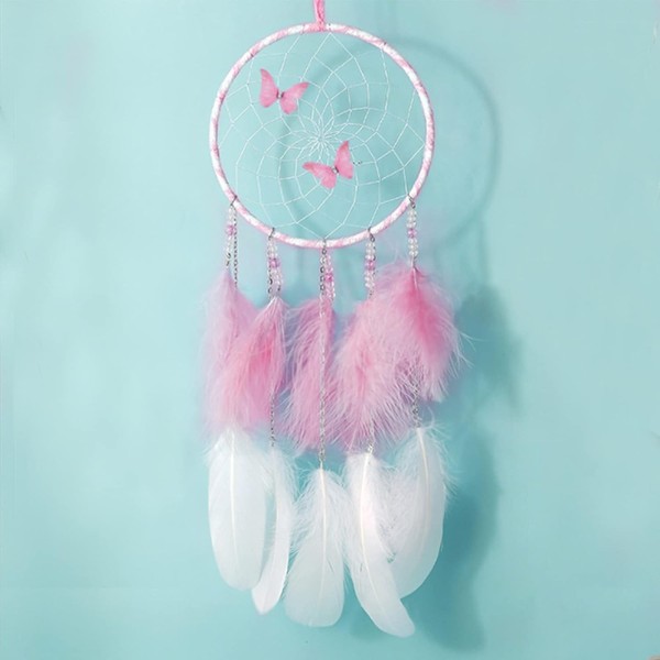 Makramee TraumfäNger Rosa Butterfly Dream Catcher Wandbehang Feder Ornament-image