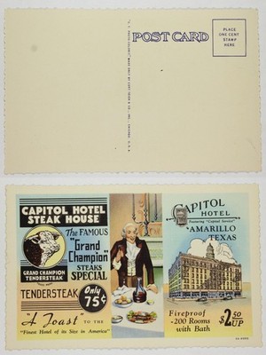Capitol Hotel Steak House Amarillo TX Grand Champion T-Bone 75c Room $2.50 LN PC