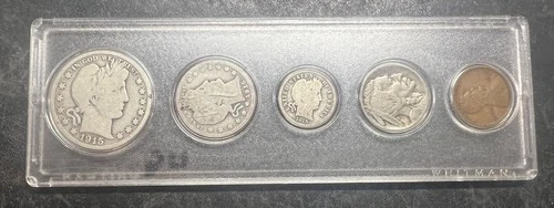 5 U.S. BARBER  COIN TYPE SET Whitman Case 1915 Half 1915 Quarter 1915 Dime #470