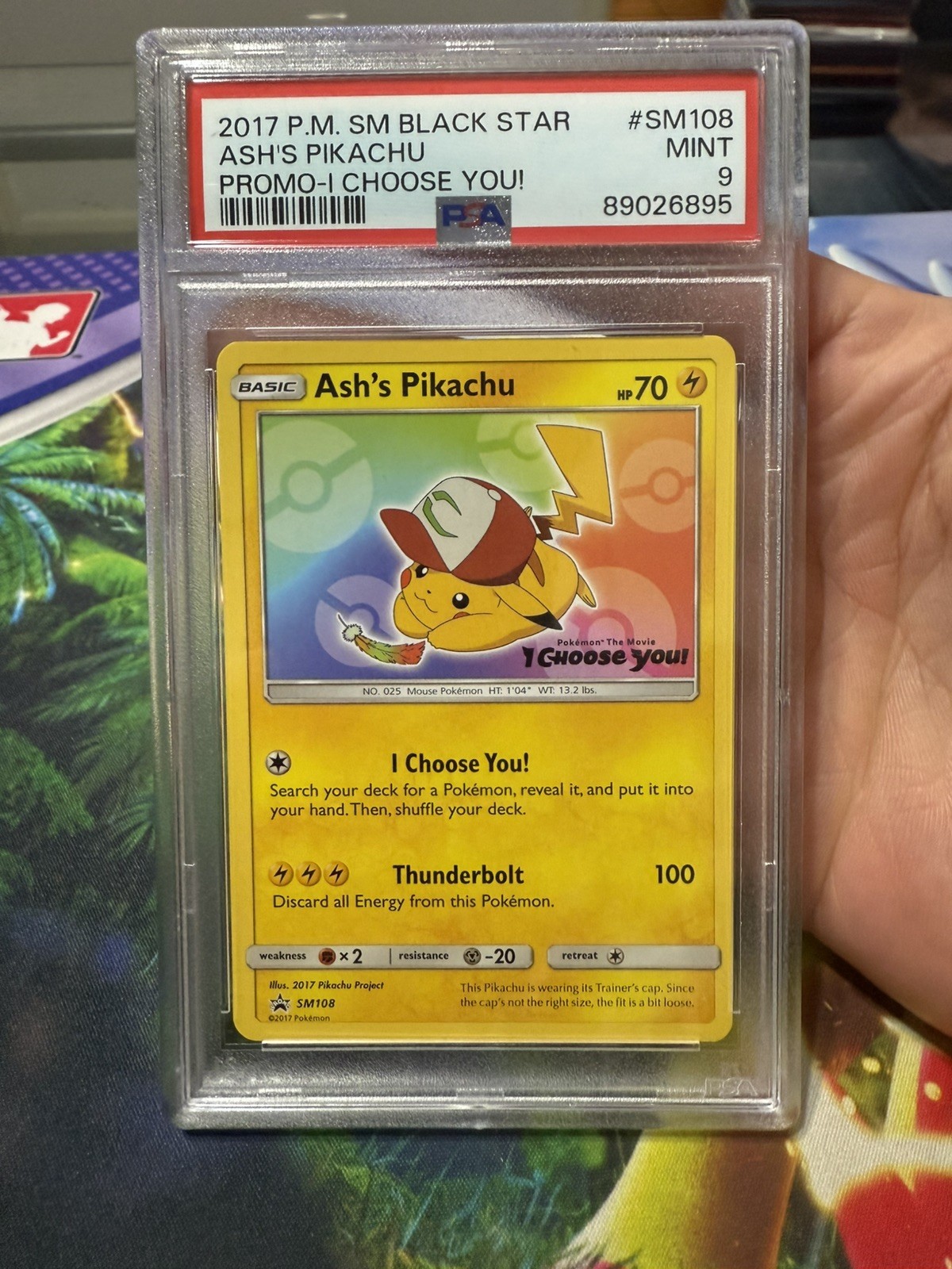 Ash's Pikachu Black Star Promo SM108 Pokemon Card PSA Graded 9 MINT