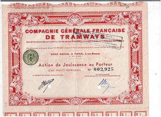 Cie. Generale Francaise de Tramways Paris action de Jouissance deco VF