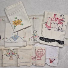 Antique Handmade Linen Lace Dressing Table Mat Runner Tea Towel Napkin Floral 