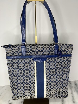 Coach Medium Tote Bag Signature Print Royal Blue Patent Leather F27008 EUC