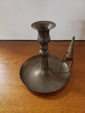 Brass Bed Chamber Candle Holder w/ Finger Loop Handle & Attached Candle Snuffer