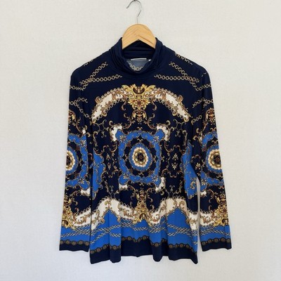 SUSAN GRAVER Women s Large Liquid Knit Blue Scarf Print Mock Neck Tunic Top