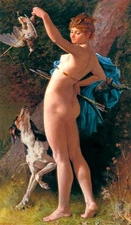 NUDE GIRL DIANA THE HUNTRESS DOG BIRD FOWL MITHOLOGY PAINTING BY C. FOSSE REPRO