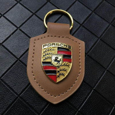 Brown Leather Porsche Crest Keychain WAP0500950E Luxury Automotive Accessory New