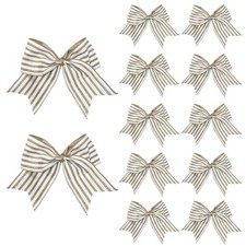 12 PCS 6 Inch Tan White Stripe Spring Summer Burlap Bows Gift Wrapping Decor