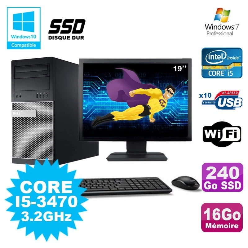 Lot PC Tour Dell 790 I5-3470 3.2Ghz 16Go 240Go SSD DVD WIFI Win 7 + Ecran 19" - Photo 1/1