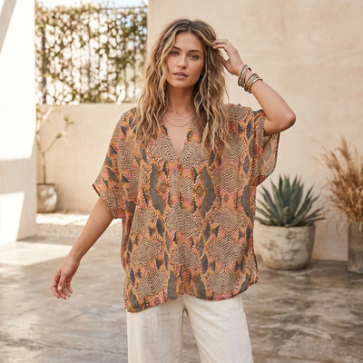 Adrienne Snakeskin Poncho Top S Dolman SS Boho Earthy Festival Resort 90s Edgy