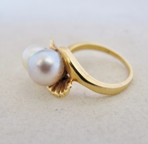 Anillo vintage de oro amarillo de 14K con 2 perlas de plata y blancas, 7,6 mm (talla 5,25) - Imagen 6 de 12