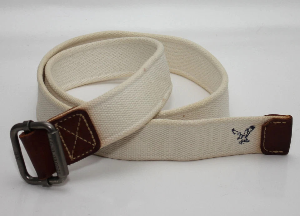 Cinturón con correas de cuero marrón/algodón blanco American Eagle TALLA M/L 45" de largo DE COLECCIÓN Foto 3 de 4