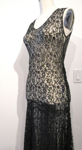 ANTIQUE VINTAGE DRESS 1920S T0 1930S ALL LACE BLACK GOWN DECO SIZE S TO M F8 - Picture 3 of 19
