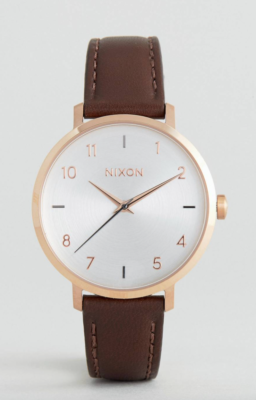 Nixon Arrow Rose Gold & Silver Watch, Brown Leather Strap, 38mm