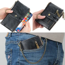 Men RFID Blocking Leather Double Zipper Coin Pocket Wallet with Anti-Theft Chain