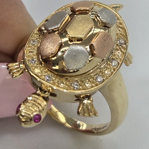 Big 14k yellow white rose gold good luck locket turtle ring size 6 7 8 9 10 - Picture 15 of 22