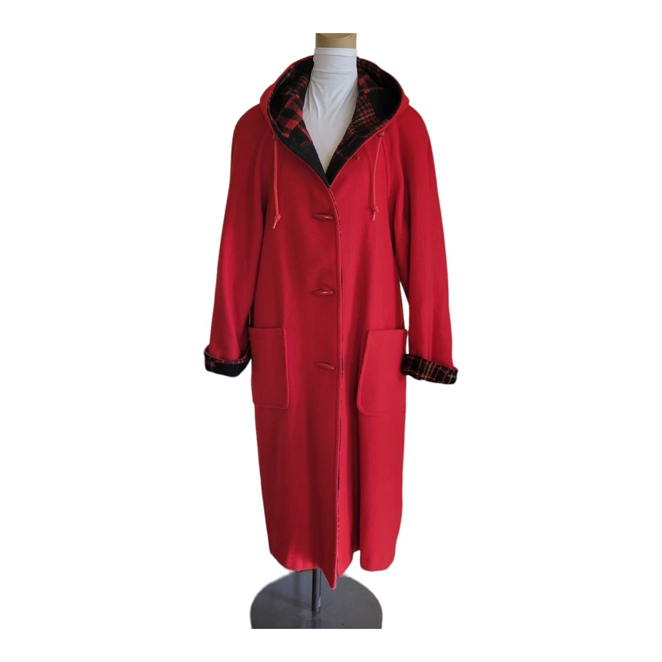 Винтажный B мха красный и клетку акцент с капюшоном длиной макси Duster пальто женщин сделано в США читать